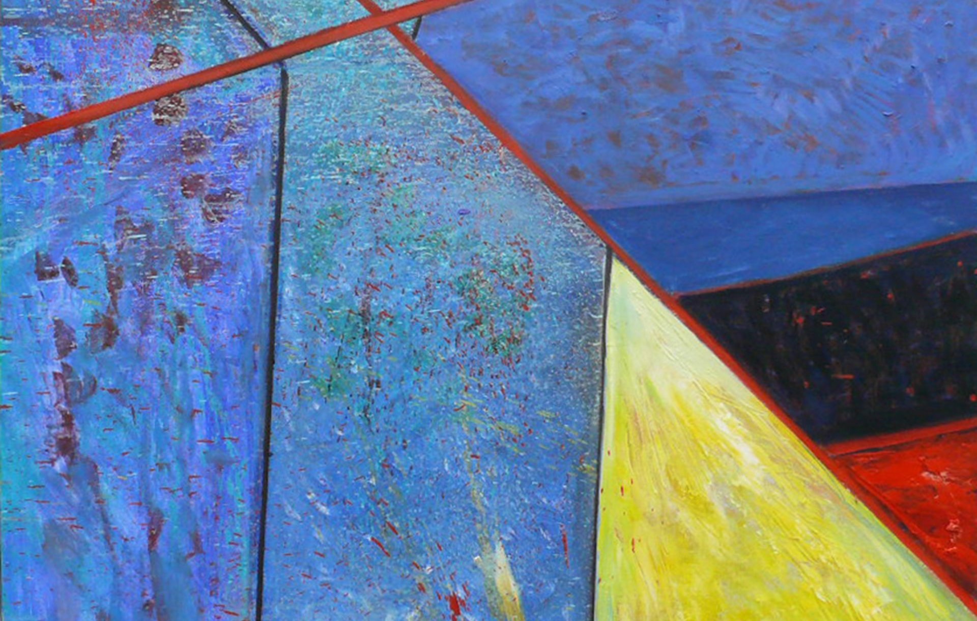 L'image présente une composition abstraite composée de formes géométriques aux couleurs vibrantes. On peut y distinguer des sections de bleu profond, évoquant les profondeurs de l'eau, et des touches de rouge vif, représentant peut-être la chaleur ou l'énergie. Des triangles jaunes ajoutent une sensation de luminosité et de dynamisme, tandis que des lignes diagonales en rouge tracent des chemins à travers la toile. L'ensemble dégage une impression de mouvement et d'interaction entre les différentes teintes, créant une atmosphère à la fois harmonieuse et captivante.