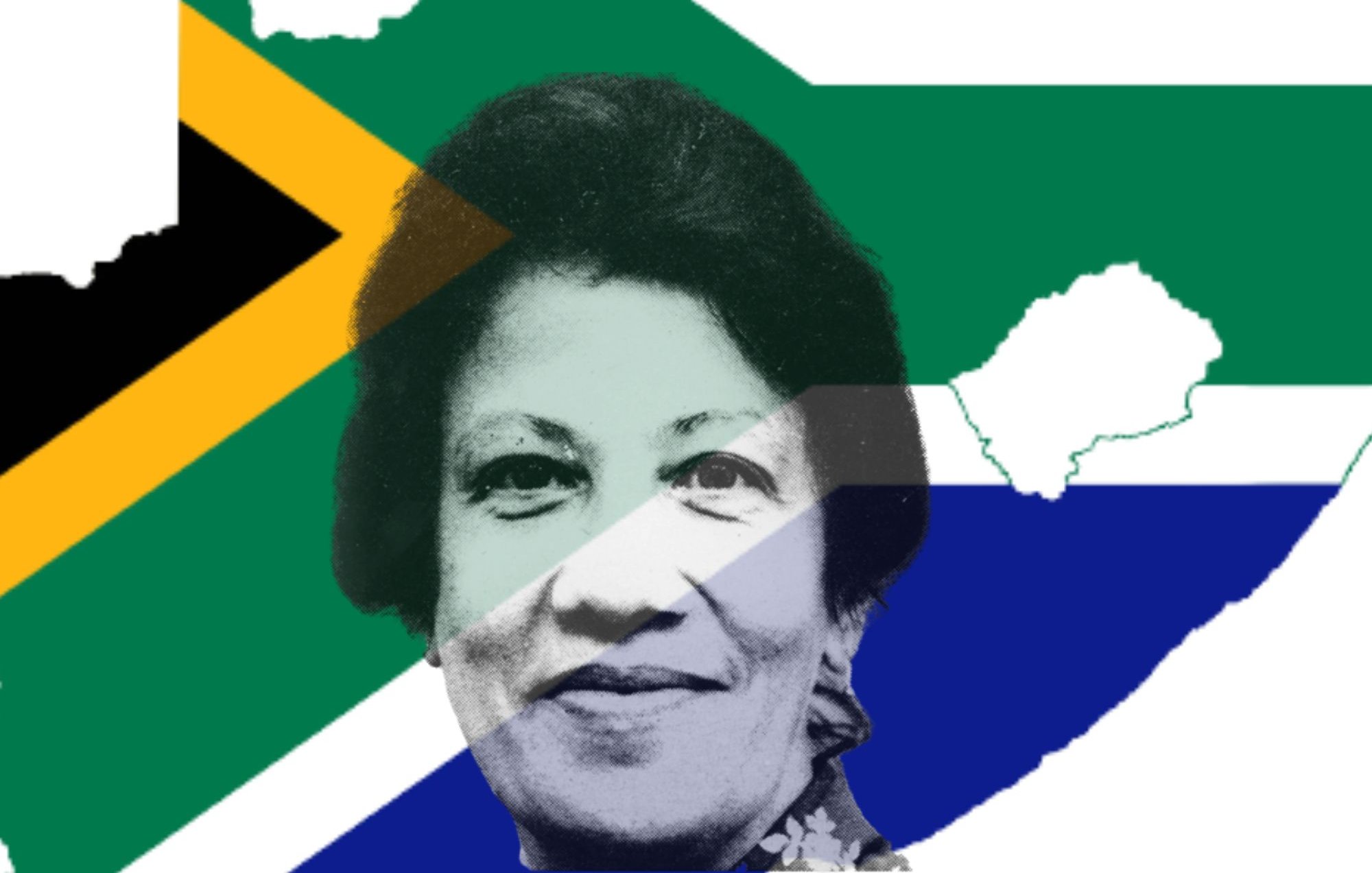 L'image présente une composition graphique : en arrière-plan, on distingue le contour de la carte de l'Afrique du Sud, superposé aux couleurs de son drapeau, avec des motifs verts, noirs, et jaunes. Au premier plan, il y a le portrait d'une femme, semblant souriante, dont le visage est légèrement stylisé dans des tons de gris. Cette image évoque un lien fort avec l'identité sud-africaine et pourrait représenter une figure importante de ce pays.