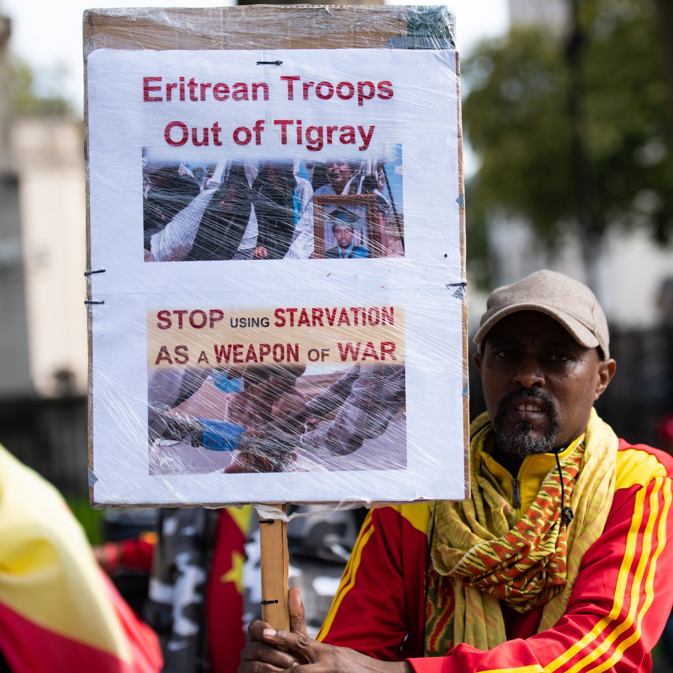 L'image montre un homme qui tient une pancarte haute, sur laquelle sont affichées des images et des textes en anglais. La pancarte exprime des revendications concernant le retrait des troupes érythréennes de la région du Tigré, en Éthiopie. Les mots en gras, "Eritrean Troops Out of Tigray" et "STOP USING STARVATION AS A WEAPON OF WAR", soulignent un appel urgent pour mettre fin à la souffrance causée par la guerre. L'homme porte un chapeau gris et est vêtu d'une écharpe colorée, probablement aux couleurs de l'Éthiopie, ce qui suggère un engagement émotionnel et une participation à une manifestation. En arrière-plan, on peut apercevoir d'autres personnes qui semblent partager des préoccupations similaires. L'ambiance est chargée d'émotion et de détermination.