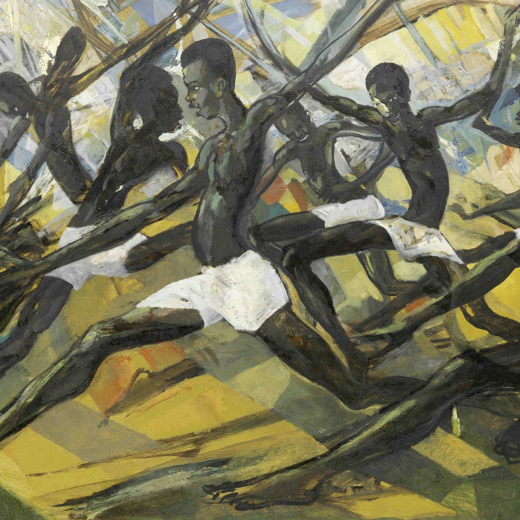 L'image représente une scène dynamique et énergique, où plusieurs figures humaines sont en mouvement. Ces personnages, tous représentés avec une peau noire, semblent engagés dans une danse ou une performance rythmique. Ils sont habillés de manière minimaliste, portant seulement des sous-vêtements blancs. Leurs corps sont musclés et leur posture montre une grande force et fluidité. L'arrière-plan est un mélange de couleurs vives, principalement des teintes de jaune, de vert et de bleu, qui évoquent une certaine énergie et dynamisme. Les lignes sont angulaires et donnent une impression de mouvement rapide, comme si la scène était en pleine action. L'œuvre respire la vitalité et la culture, transmettant une forte émotion à travers les gestes des danseurs.