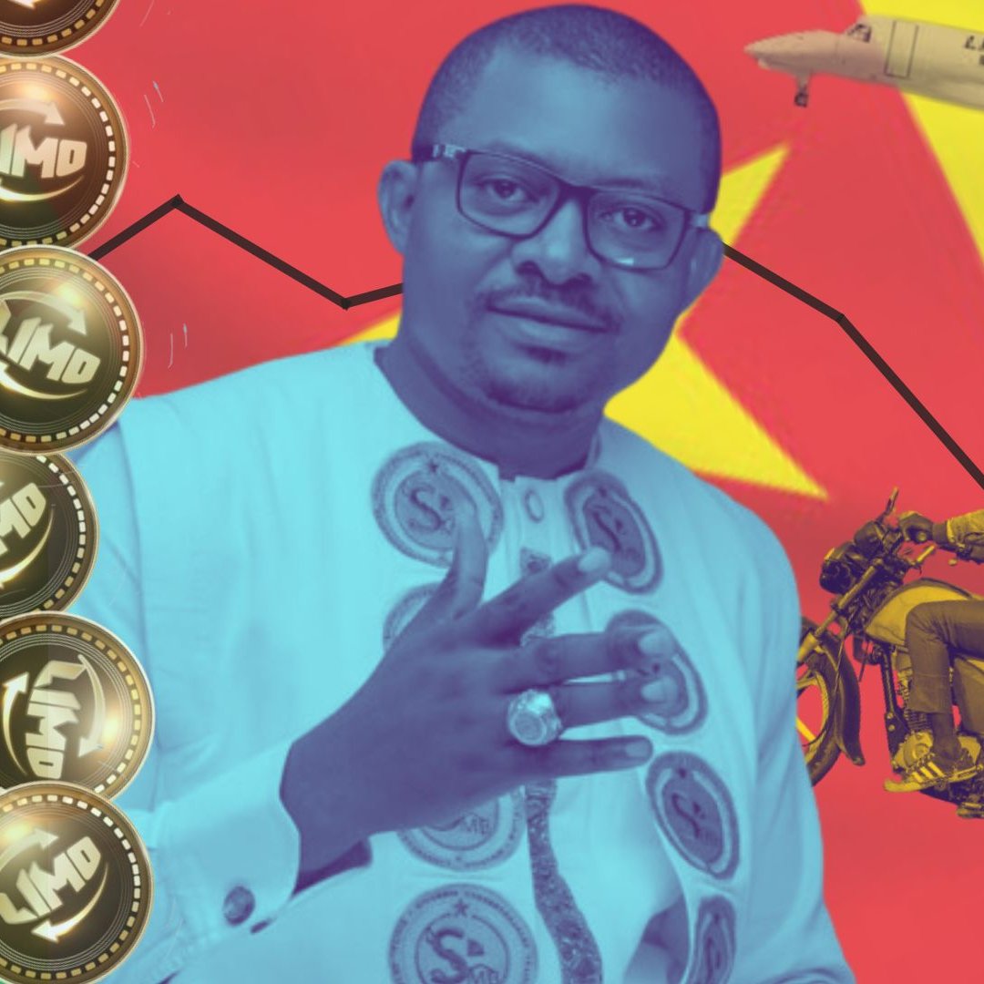 L'image présente un homme au visage souriant, vêtu d'une tenue traditionnelle blanche ornée de motifs. En arrière-plan, on peut voir des éléments colorés qui évoquent le Cameroun, notamment un drapeau aux couleurs vives. Des cercles d'argent avec le mot "LIMO" sont visibles, suggérant un lien avec une forme de monnaie ou de crypto-monnaie. À droite, deux personnes sont assises sur une moto, et un avion est également représenté, symbolisant des transports. L'ensemble crée une ambiance dynamique et moderne, mêlant culture locale et technologie.