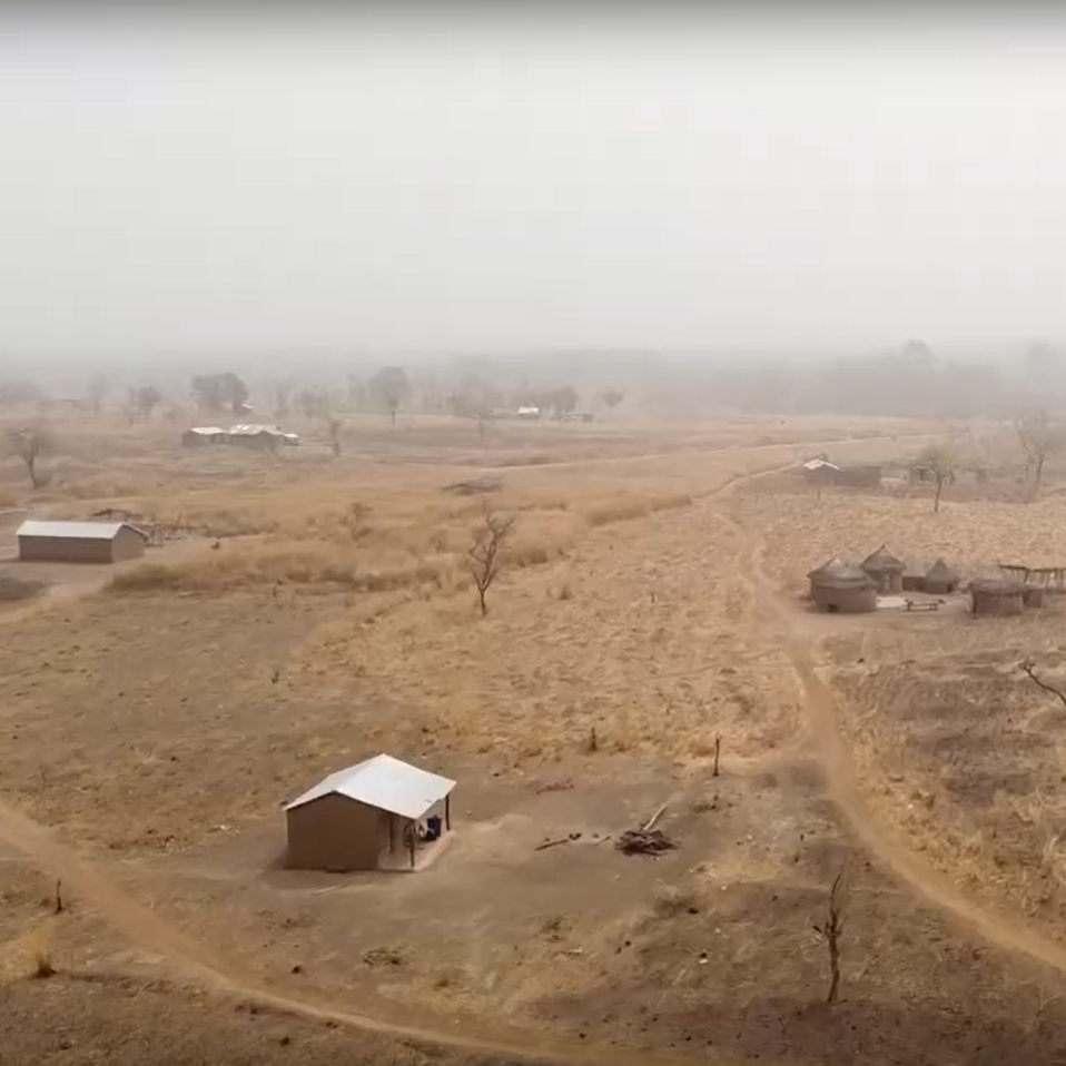 Imaginez un paysage sauvage où la nature se déploie dans toute sa variété. Devant vous, le sol est recouvert d'une terre rougeâtre, légèrement ondulée, parsemée d'herbes sèches et de feuillages clairsemés. Quelques arbres majestueux se dressent, leurs silhouettes se découpant sur un ciel clair. À gauche, un arbre nu, dont les branches s'élèvent vers le ciel, témoigne de la saison sèche. Sur votre droite, un autre arbre, encore partiellement feuillu, apporte une touche de verdure. Le paysage est apaisant, bercé par le murmure d'une eau stagnante à proximité, où quelques oiseaux pourraient se rassembler. L'air est chaud, chargé de l'odeur des plantes et de la terre, et l'ambiance respire la tranquillité typique des régions rurales.