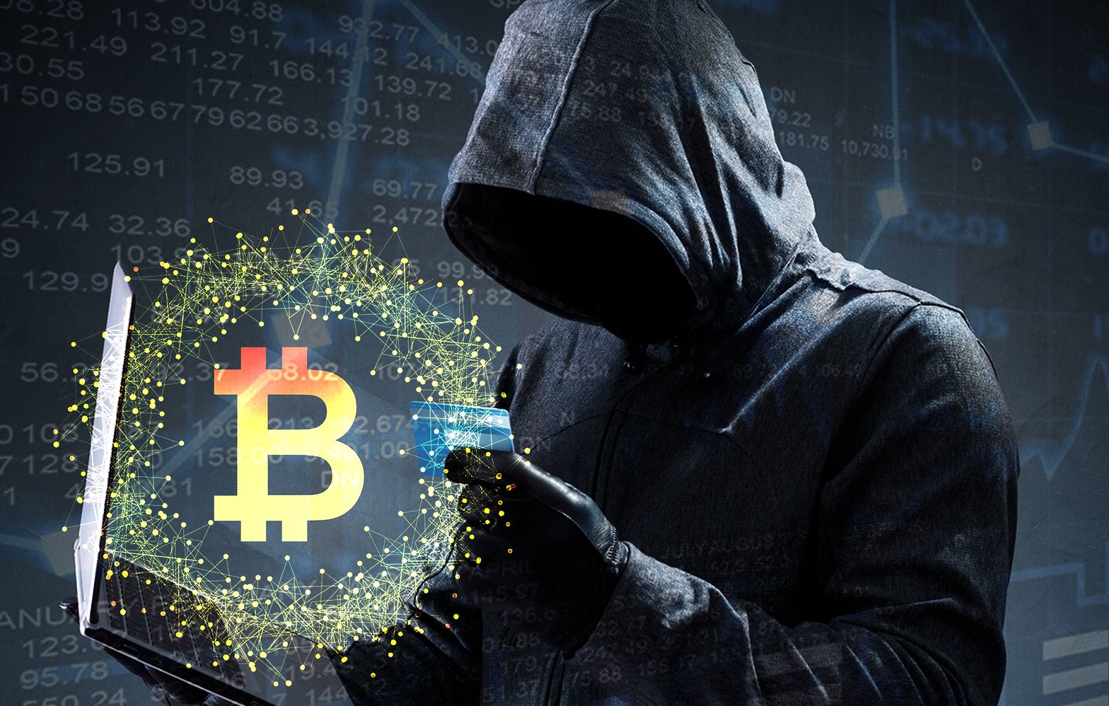 L'image présente une figure mystérieuse, vêtue d'une capuche sombre, qui se tient devant un écran d'ordinateur. Le visage de cette personne est masqué, ce qui ajoute une aura d'intrigue. Dans ses mains, elle tient un ordinateur portable ouvert, avec un symbole de Bitcoin lumineux en surbrillance, entouré d'une aura de particules scintillantes. En arrière-plan, des graphiques financiers et des chiffres évoquent le monde de la cybernétique et de la finance, suggérant des thèmes liés à la cryptomonnaie et au piratage. L'ensemble de l'image dégage une ambiance sombre et technologique.