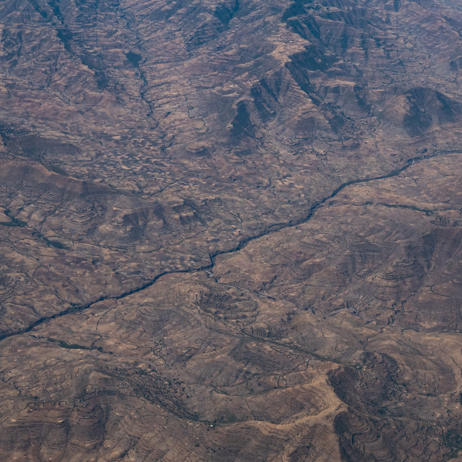 Cette image montre un paysage désertique vu du ciel. On peut observer de vastes étendues de terrain aride, striées par des vallées et des collines aux formes irrégulières. Au centre, un cours d'eau serpente à travers ce paysage, créant un contraste avec les zones sèches environnantes. Les couleurs dominantes sont des teintes de marron et de beige, évoquant un sol rocailleux et dénudé, tandis que la rivière apporte une touche de reflets plus sombres, suggérant des zones humides dans ce milieu. L'ensemble dégage une impression de vastitude et de sérénité, avec une nature sauvage encore peu altérée par l'homme.