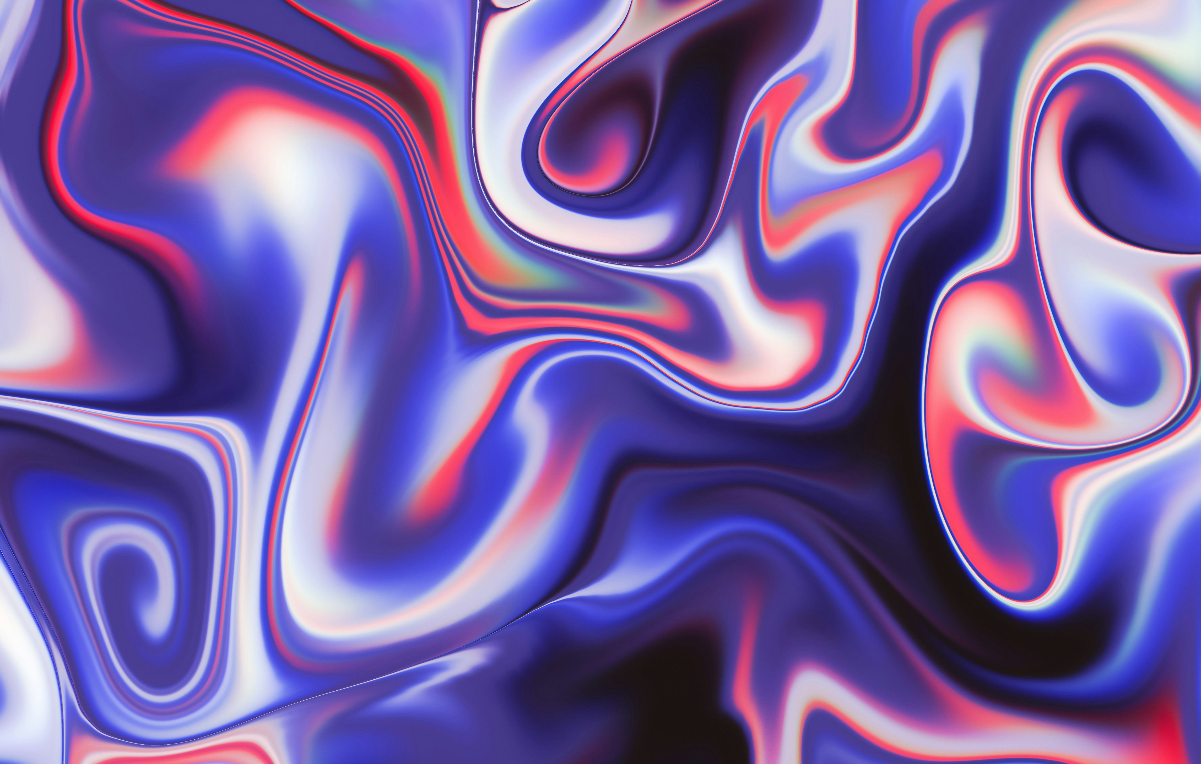 Imaginez une surface fluide et dynamique, presque comme des vagues dans l'eau. Les couleurs tourbillonnent et s'entrelacent, créant des motifs doux et asymétriques. Les teintes de bleu profond se mélangent avec des nuances de violet, tandis que des touches de blanc éclatant et de rouge éclairent le tableau, ajoutant une sensation de chaleur. Les contours sont organiques et sinueux, évoquant un mouvement constant, presque hypnotique. Cette image pourrait transmettre une impression de calme ou de rêverie, invitant à l'exploration sensorielle dans un monde abstrait.