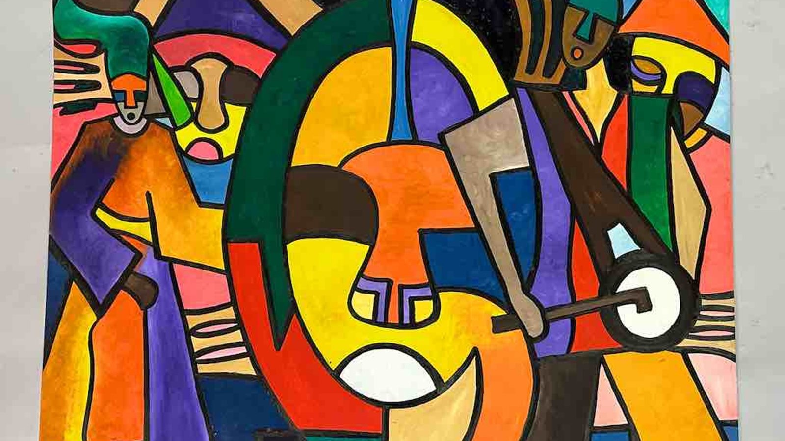 Cette image est une peinture colorée et abstraite. On y voit des formes géométriques variées, principalement des cercles, des lignes et des figures humaines stylisées. Les couleurs sont vives et contrastées : des oranges, des verts, des bleus, et des jaunes, créant un dynamisme visuel. Les personnages semblent interagir, chacun occupant une place bien définie dans la composition. Les contours sont marqués, ajoutant une dimension graphique qui attire l'œil. L'ensemble évoque une atmosphère énergique et joyeuse.