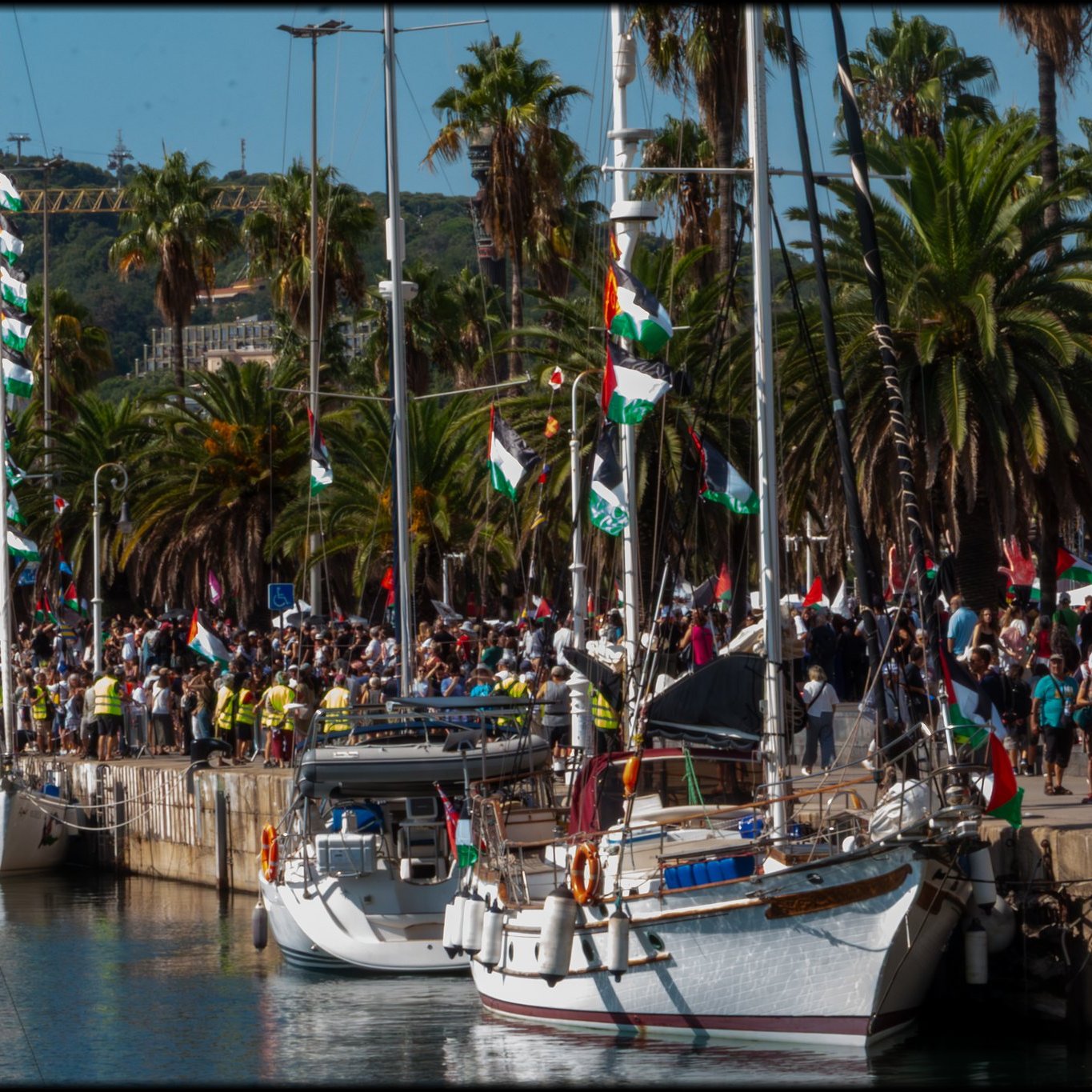 L'image montre un port animé par une belle journée ensoleillée. On peut voir des voiliers amarrés le long d'un quai pavé. Les bateaux sont décorés de drapeaux colorés, notamment des drapeaux verts, rouges et blancs. Sur le quai, une foule nombreuse est rassemblée, avec des personnes portant des vêtements variés, certaines brandissant des drapeaux. En arrière-plan, on aperçoit des palmiers qui ajoutent une touche tropicale à la scène. Le paysage est dominé par des collines verdoyantes, créant un cadre pittoresque et festif. L'atmosphère semble joyeuse et pleine d'énergie, suggérant un événement ou une célébration en cours.