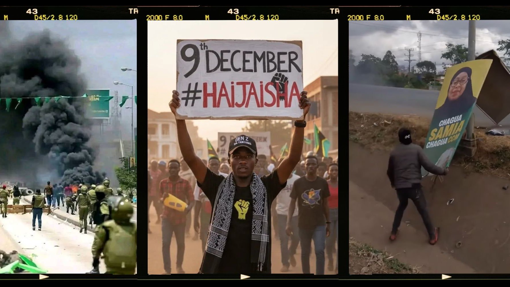 The image appears to be a triptych, consisting of three separate panels: 1. **Left Panel**: Shows a scene of chaos with smoke billowing in the background, likely from protests or riots. There are people, possibly demonstrators or security forces, visible in the foreground. 2. **Middle Panel**: Features a young man holding a sign that reads "9th December #HAJTAISHA." He is dressed casually and appears to be at a demonstration or rally, suggesting a call to action or awareness about an event on that date. 3. **Right Panel**: Depicts a person interacting with a political campaign poster or sign. The poster displays an image of a candidate or public figure, indicating a political context. Overall, the image conveys themes of political activism, public protests, and the importance of civic engagement.