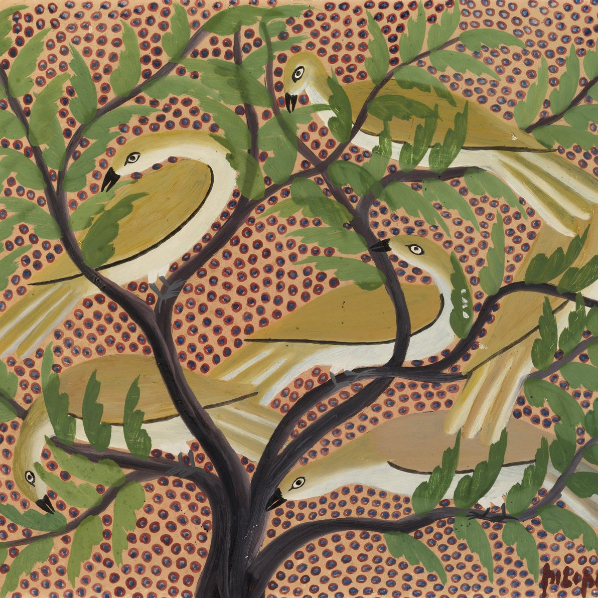 L'image représente un arbre aux branches luxuriantes, où plusieurs oiseaux sont perchés. Les oiseaux, aux teintes dorées et vertes, se fondent harmonieusement dans le feuillage. Les feuilles de l'arbre sont bien tracées, avec des nuances de vert qui ajoutent de la profondeur. En arrière-plan, un motif textured de petits points rouges et violets crée un contraste vibrant avec les couleurs douces des oiseaux et des feuilles. L'ensemble dégage une ambiance chaleureuse et joyeuse, évoquant la nature et la sérénité.