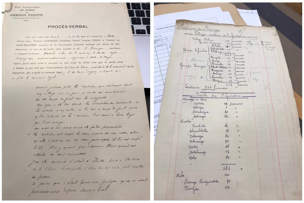 Figure 1 : à gauche, une calligraphie élégante décrit la décapitation de la mère d'une jeune fille (1904). À droite, liste des « villages récolteurs » et des quantités de caoutchouc collectées (archives africaines, Bruxelles).