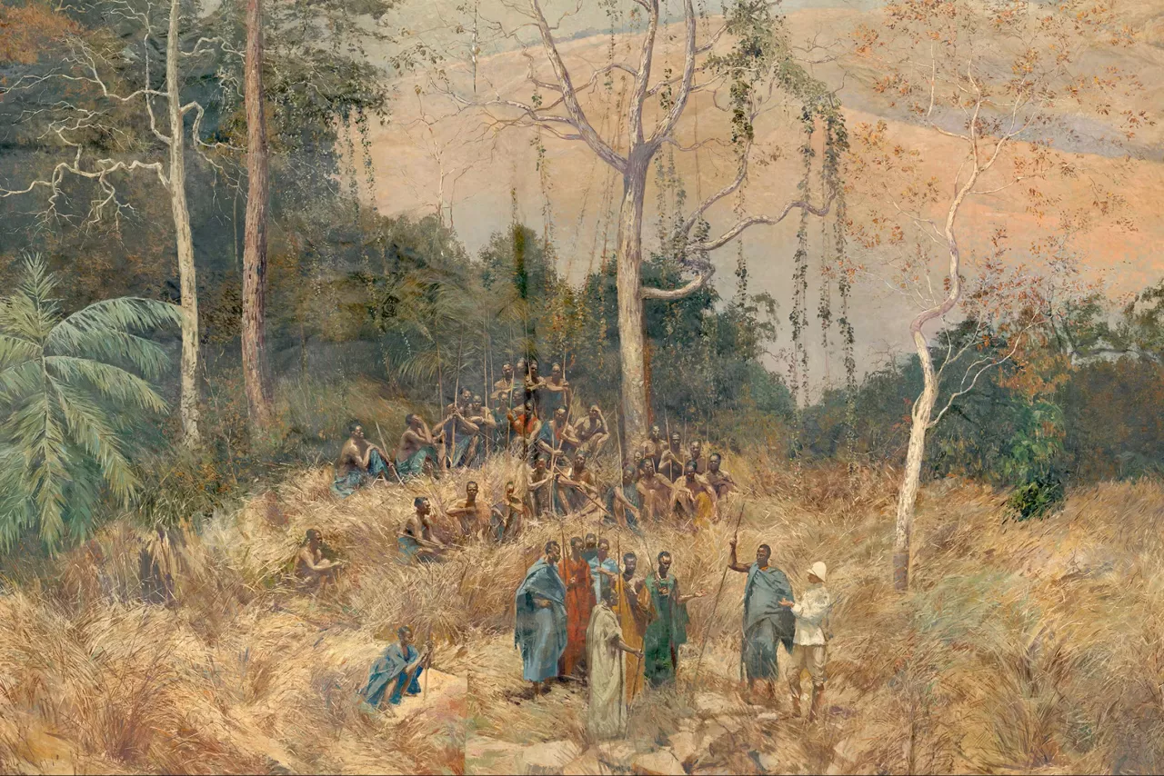 Une des scènes du {Panorama du Congo}. Elle représente des Congolais discutant avec un colon belge (1911). 