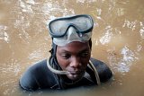 Oscar plonge pour guider l'aspirateur de la drague, sur le fleuve Cavally, au Liberia (juin 2025).