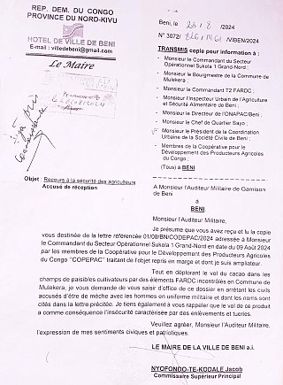 Lettre datée du 23 août 2024 du maire de Beni, Jacob Nyonfondo-Te-Kodale, adressée à l'auditeur militaire de la garnison de Beni demandant les poursuites judiciaires contre des civils complices des FARDC dans le vol de cacao.
