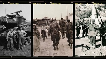 The image is a collage made up of three historical photographs. 1. The first photo features two soldiers posing next to a tank, likely indicating a military setting from a past conflict. 2. The second photo shows a group of soldiers walking along a dirt path, with civilians, including children, visible in the scene, suggesting a backdrop of active military presence or conflict. 3. The third photo depicts a group of armed soldiers standing together, holding a flag and possibly engaging in a ceremonial or formal activity. Overall, the images appear to capture moments related to military operations or historical events, possibly during a war or conflict.