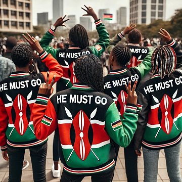 L'image montre un groupe de personnes de dos, toutes portant des vestes aux couleurs du drapeau kenyan : rouge, vert et noir. Les vestes sont ornées d'un motif traditionnel kenyan, représentant des lances et des boucliers. Les personnes font des signes de paix avec leurs mains, et un slogan écrit en lettres capitales sur les vestes dit "HE MUST GO". En arrière-plan, on aperçoit un paysage urbain avec des bâtiments modernes, suggérant une ambiance de manifestation ou de rassemblement. L'ensemble dégage une forte camaraderie et un message de revendication.