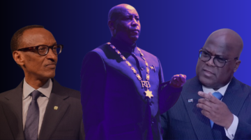 The image features three prominent figures, each presented against a gradient background. On the left, there is a man with glasses and a serious expression. In the center, another man is depicted wearing a chain or medal, suggesting a position of authority or honor. The third figure, on the right, appears to be gesturing thoughtfully while dressed in a formal suit. The overall composition suggests themes of leadership and diplomacy.