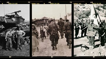 L'image se compose de trois photographies en noir et blanc alignées horizontalement. 1. **Première photo** : Deux soldats, souriants, posent côte à côte devant un char d'assaut. L'un d'eux porte une tenue militaire décontractée. En arrière-plan, le char est bien visible, renforçant l'idée d'un moment de camaraderie en temps de guerre. 2. **Deuxième photo** : Un groupe de soldats marche sur un chemin, entouré de maisons modestes. Parmi eux, on peut distinguer quelques civils, en particulier des enfants, qui semblent observer les militaires. L'atmosphère évoque un mélange de curiosité et de tension. 3. **Troisième photo** : Plusieurs hommes en uniforme se tiennent au garde-à-vous, avec une bannière brandie par l'un d'eux. Les expressions sont sérieuses, laissant transparaître un sentiment de détermination et d'unité. L'environnement est montagneux, ce qui ajoute un contexte à la scène. L'ensemble de ces images évoque des moments historiques marqués par la présence militaire et les interactions entre soldats et civils.