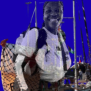 L'image représente une scène maritime vibrante. Au premier plan, un homme se tient avec une expression déterminée, portant un sac sur son dos. Il est entouré de voiliers qui se dressent majestueusement en arrière-plan. Le fond est coloré dans un bleu intense, créant un fort contraste avec les éléments de la scène. Des filets de pêche, symboliques des activités maritimes, ajoutent une texture intéressante à l'image. Les détails des bateaux et des drapeaux flottants évoquent une ambiance dynamique et vivante, typique d'un port animé.