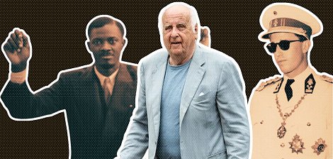 The image features three prominent figures. One figure on the left is a man dressed in formal attire, raising one arm in a gesture that suggests defiance or empowerment. The central figure is an older man in a light blue blazer, appearing casual and confident as he walks. The figure on the right wears a military-style uniform with sunglasses, projecting authority. The background is a dark brown color, and the figures are outlined prominently.