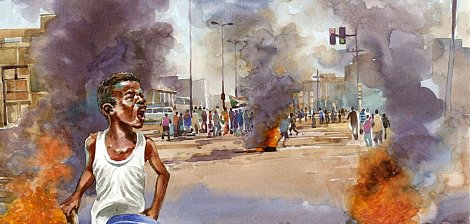 L'image représente une scène de protestation intense. Au centre, un jeune homme, exprimant une forte émotion, crie avec passion. Son visage reflète l'angoisse et la détermination, tandis qu'il porte un débardeur blanc. Autour de lui, on voit des pneus enflammés qui émettent des nuages de fumée sombre. En arrière-plan, une foule se déplace, rassemblée sur une route urbaine. Les bâtiments sont flous, mais on perçoit l'agitation des gens qui se mêlent à l'atmosphère chaotique. Un feu rouge de feu de circulation émerge, témoignant de la vie urbaine. L'ambiance est marquée par une tension palpable et une lutte pour la voix. Les couleurs, principalement des bruns, des bleus et des gris, renforcent l'intensité de la scène.