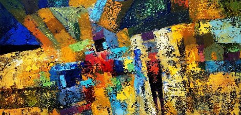 Cette image est une peinture abstraite riche en couleurs vives. On y distingue des formes géométriques et des traits qui évoquent des silhouettes humaines. Les teintes dominantes sont des jaunes, oranges, bleus et rouges, créant une ambiance dynamique et chaleureuse. Les contrastes entre les couleurs suggèrent une profondeur et une texture, avec des coups de pinceau visibles qui ajoutent du mouvement à l'œuvre. L'ensemble dégage une impression de vie et d'énergie, laissant place à l'interprétation personnelle.