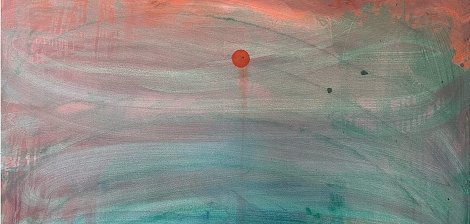 Cette image est une peinture abstraite qui présente un fond aux teintes douces. On y voit un mélange de couleurs telles que le bleu, le vert et des nuances de rose qui se côtoient harmonieusement. Au centre de la toile, un point rouge vif attire le regard, contrastant avec les couleurs environnantes. Les coups de pinceau semblent fluides, créant une sensation de mouvement et de profondeur. L'ensemble dégage une atmosphère paisible et rêveuse, invitant à la contemplation.